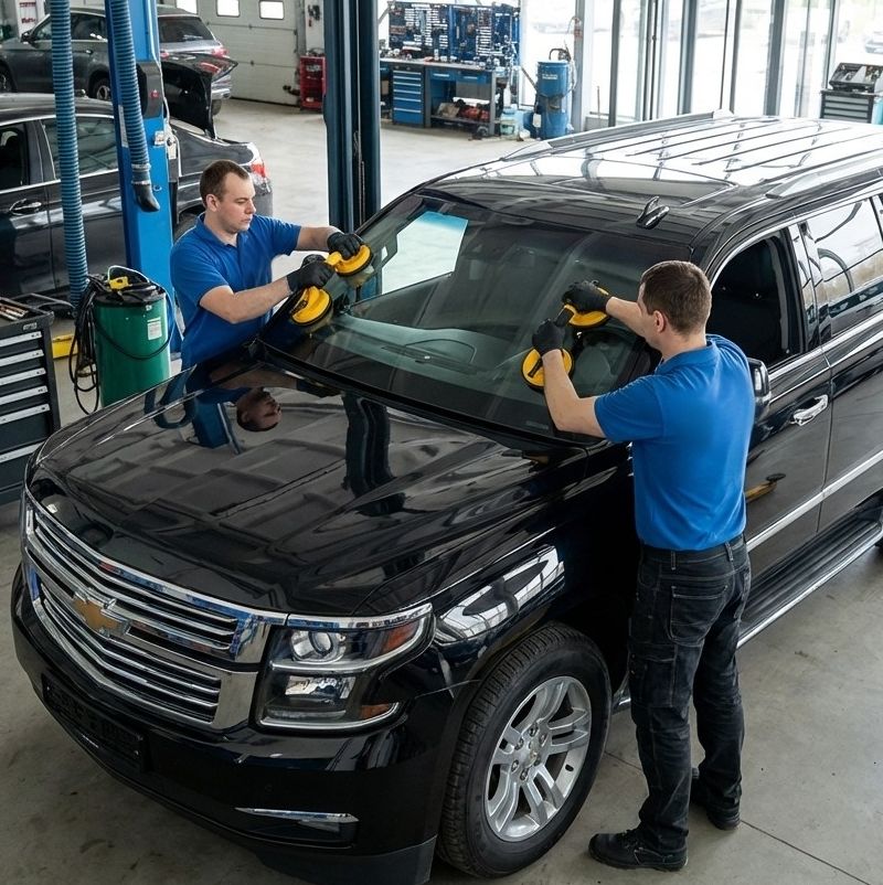 Auto Glass Repair two techs installing windshield Auto Glass Repair two techs installing windshield