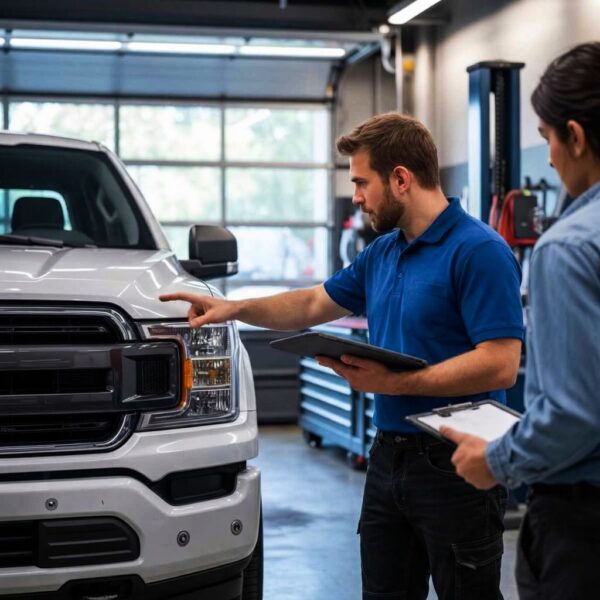 Marlborough Certified Collision Center estimator and customer looking at f150 Marlborough Certified Collision Center estimator and customer looking at f150